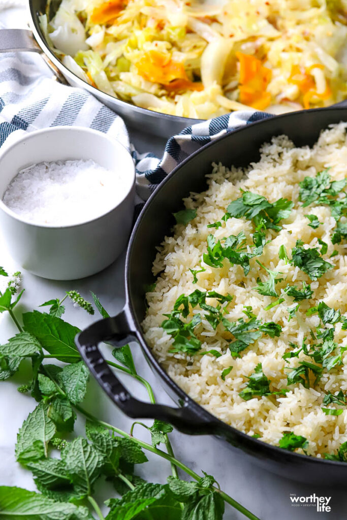 Cilantro Rice in Staub Pan on countertop