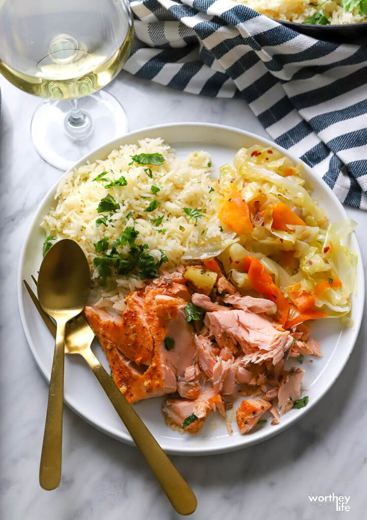 Salmon Dinner idea with rice and cabbage for sides
