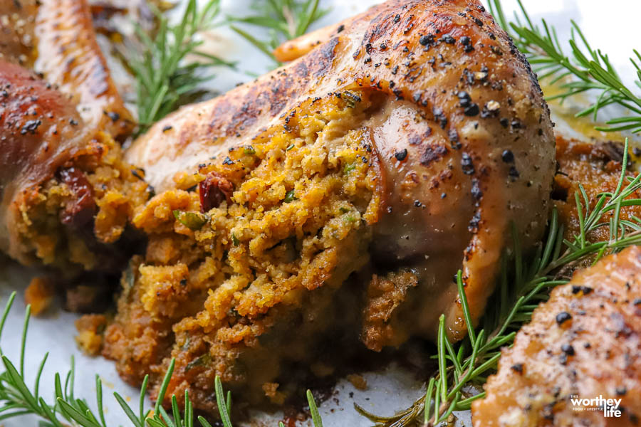 cornbread dressing stuffed in a turkey wing