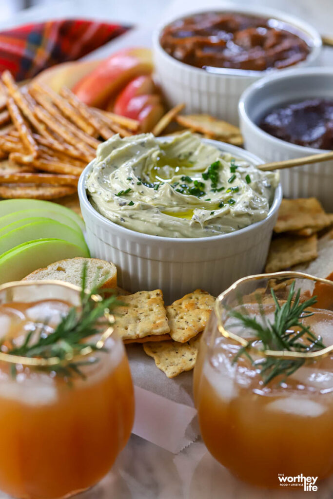 a butter board with fall holiday drinks