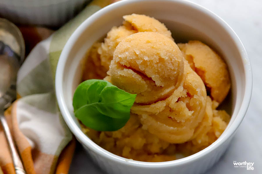 small white serving bowls filled with apple pie sorbet