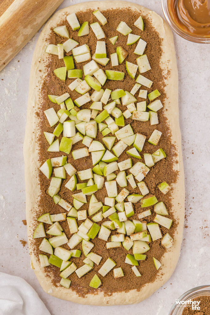 chopped granny smith apples rolled into dough