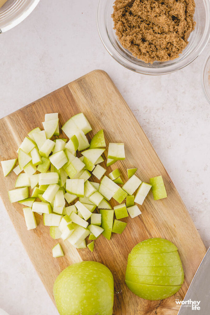 chopped granny smith apples on cutting board