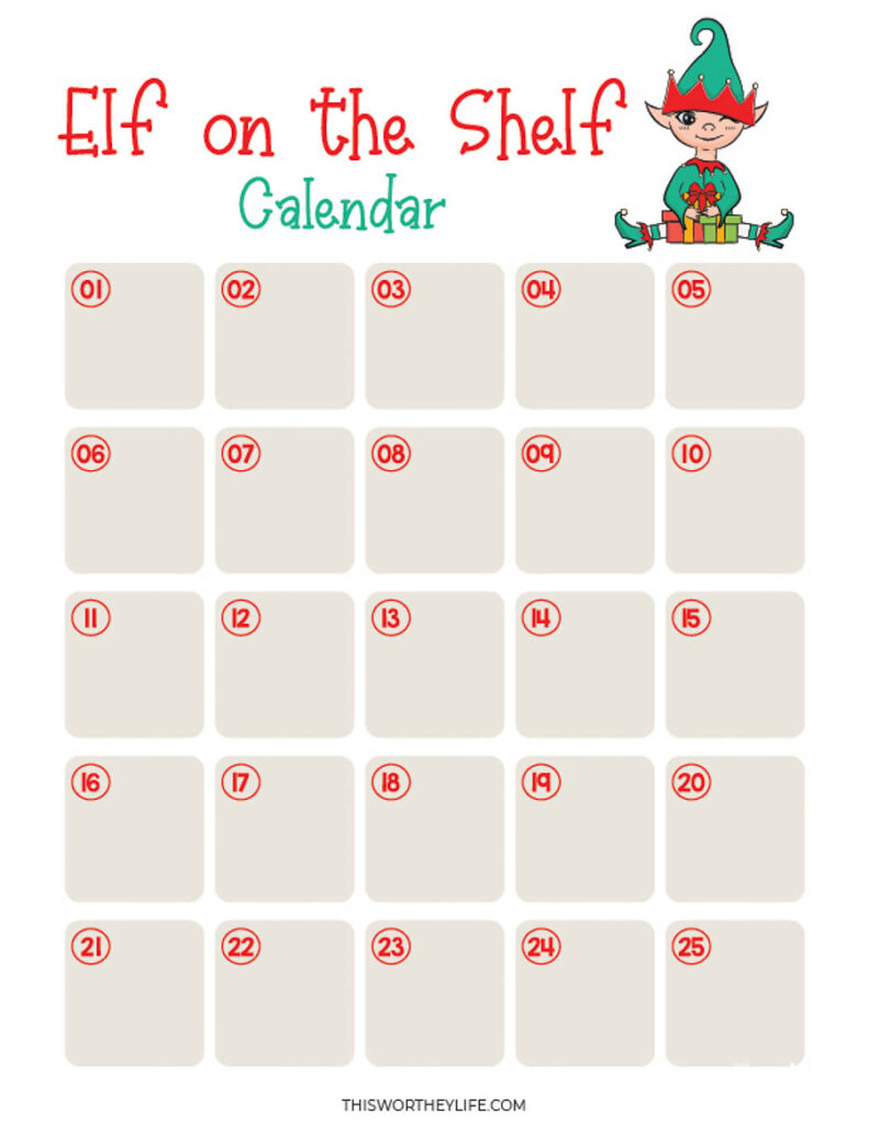 blank elf on the shelf calendar