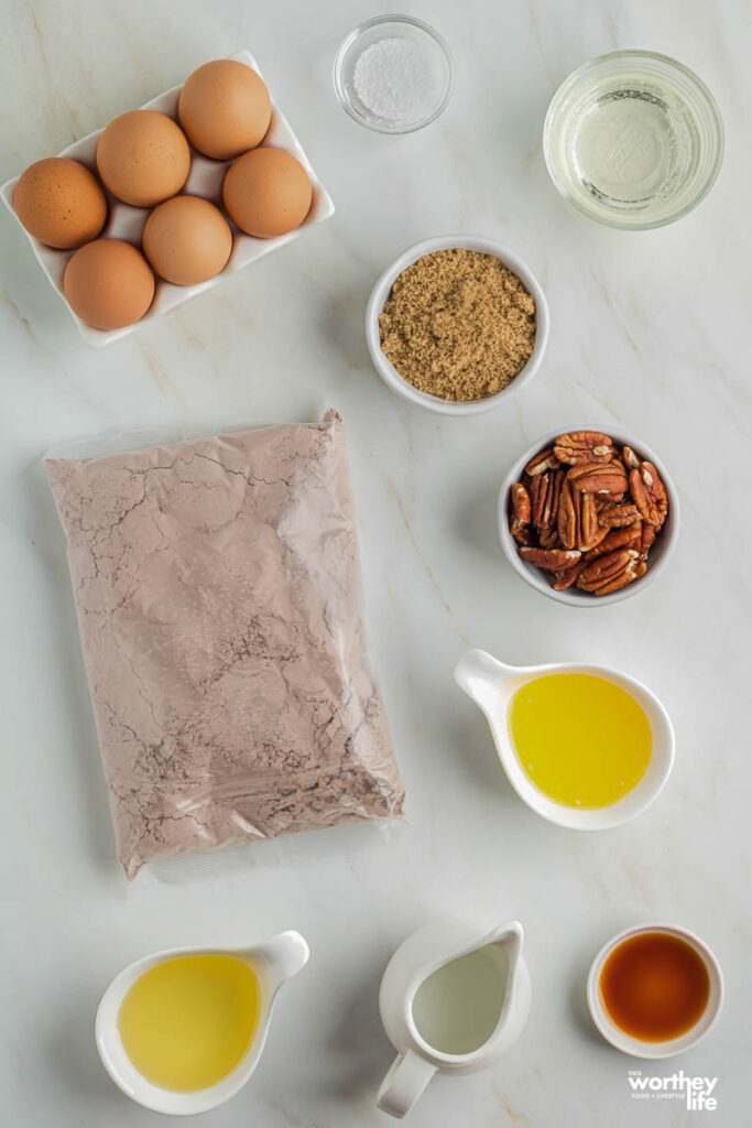 Listed ingredients for making brownie with pecans