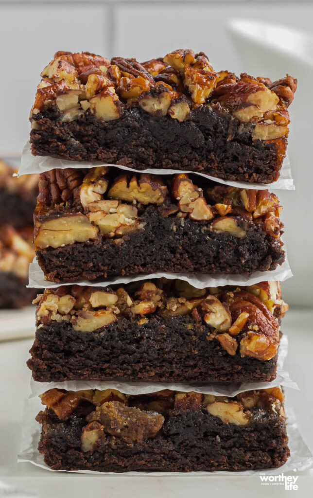 a stack of pecan pie brownies