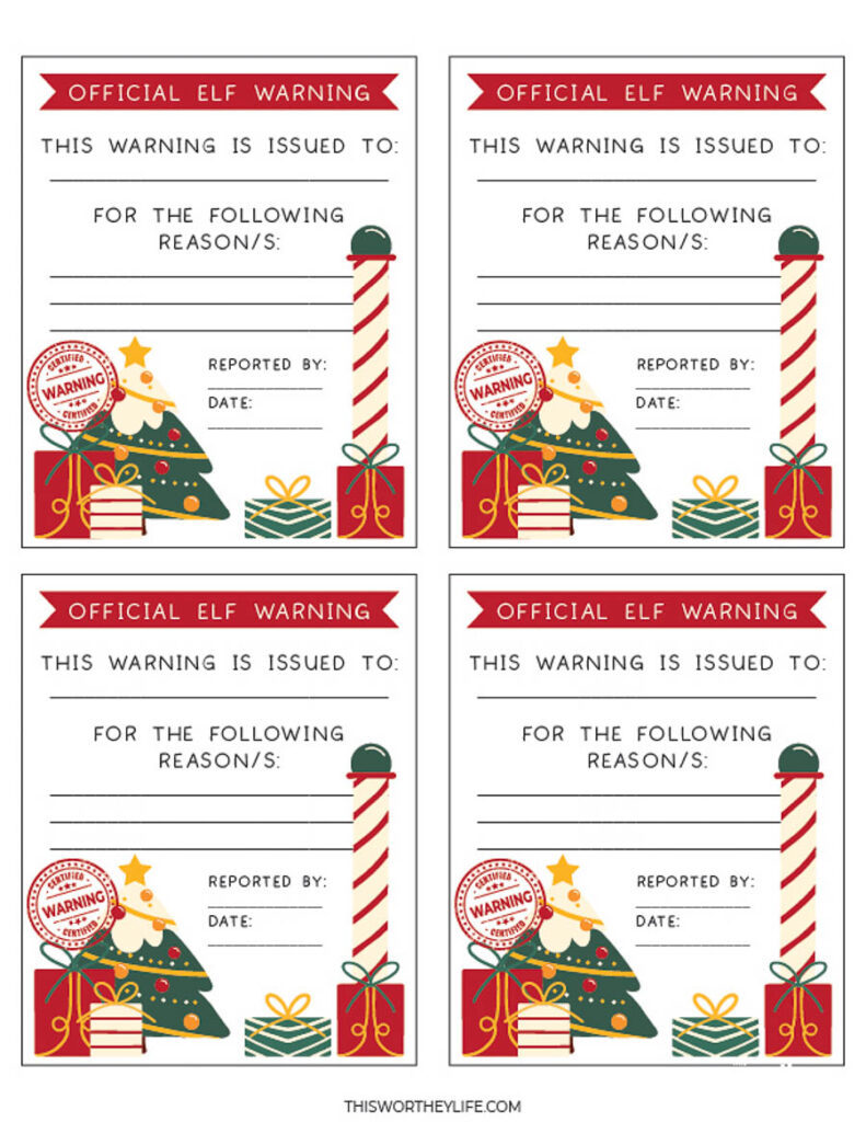 Elf Cam Warning Printables on festive holiday paper