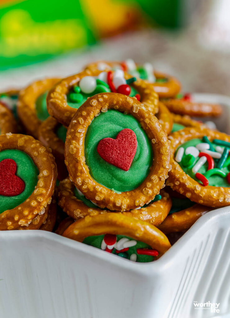 Grinch Pretzel Rings recipe in a white bowl