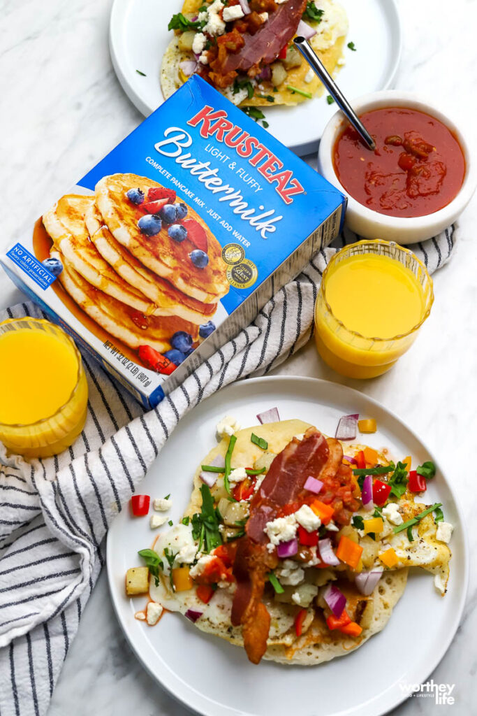 our loaded breakfast pancake tacos are make Krusteaz pancake mix. 
