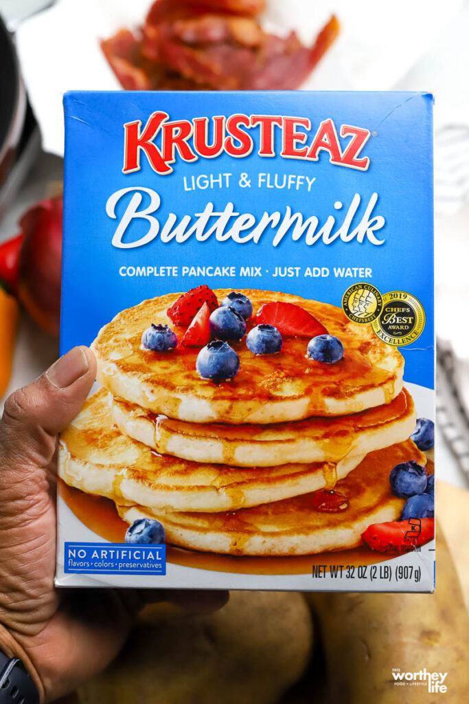 a box of Krusteaz pancake mix.