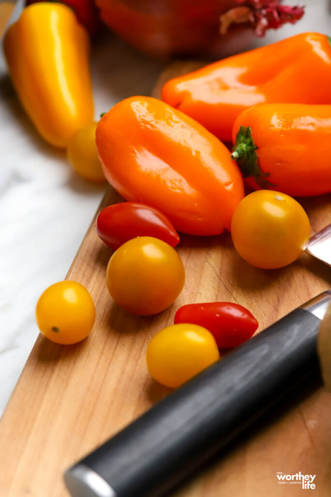 tri colored peppers and cherry tomatoes