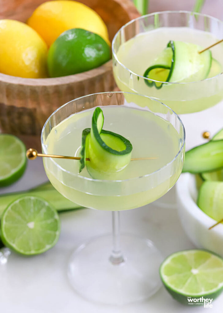 Two Cucumber Gin Gimlet on white background