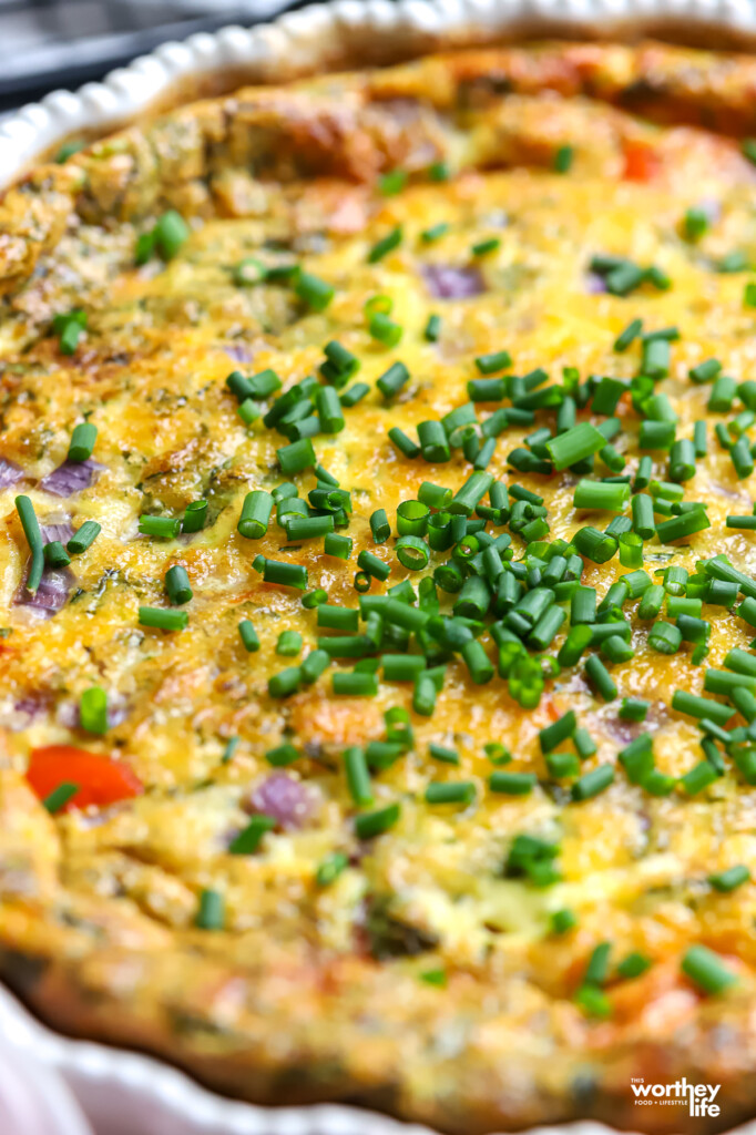 Salmon quiche with garden chives.