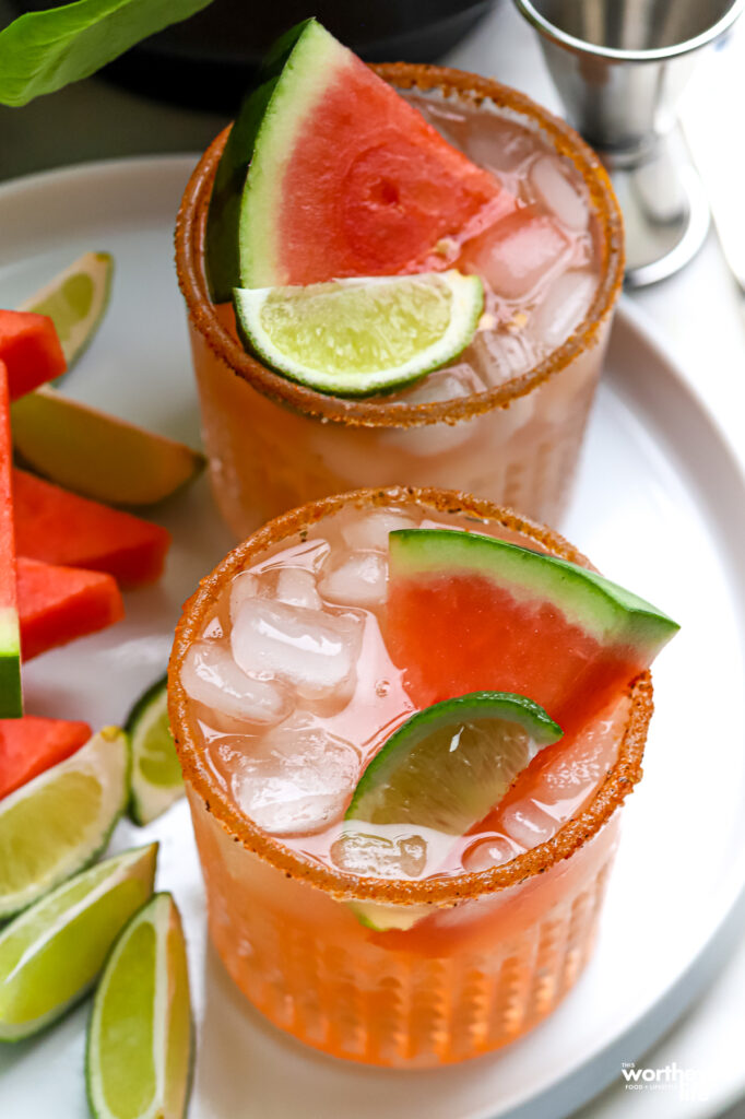 Watermelon Smash cocktail on a white serving platter.