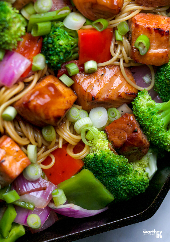 Pasta and salmon in a skillet