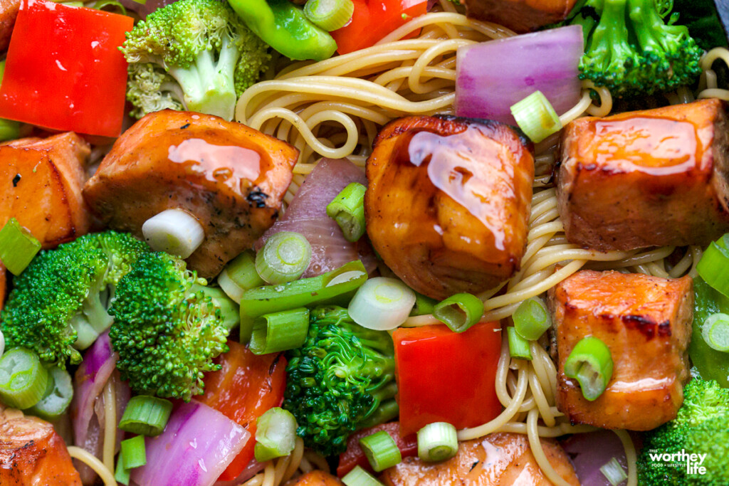 salmon bites with soy sauce on top