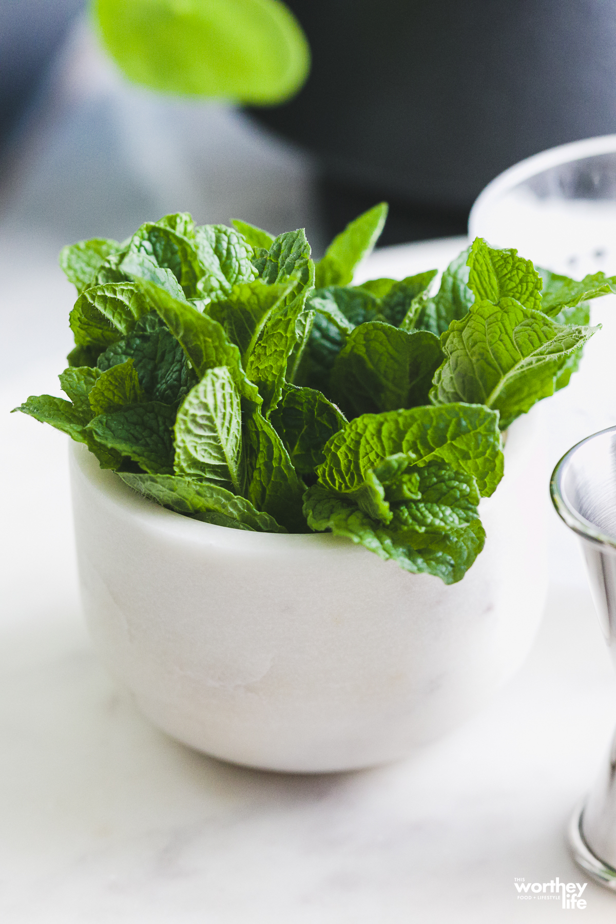 fresh mint in a white marble bowl