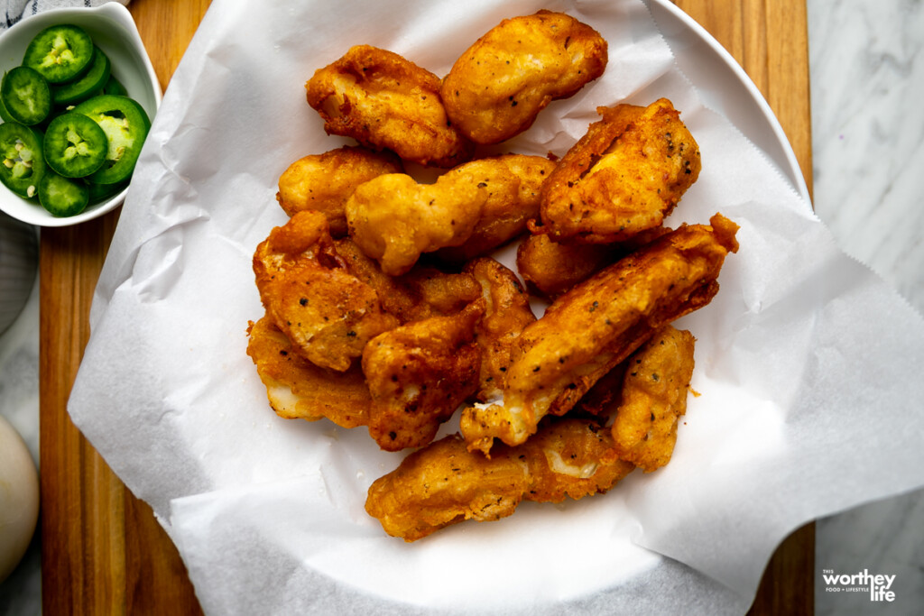 fresh beer battered fish tacos in a bowl