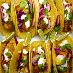 Fish Tacos in Tortillas in a white pan