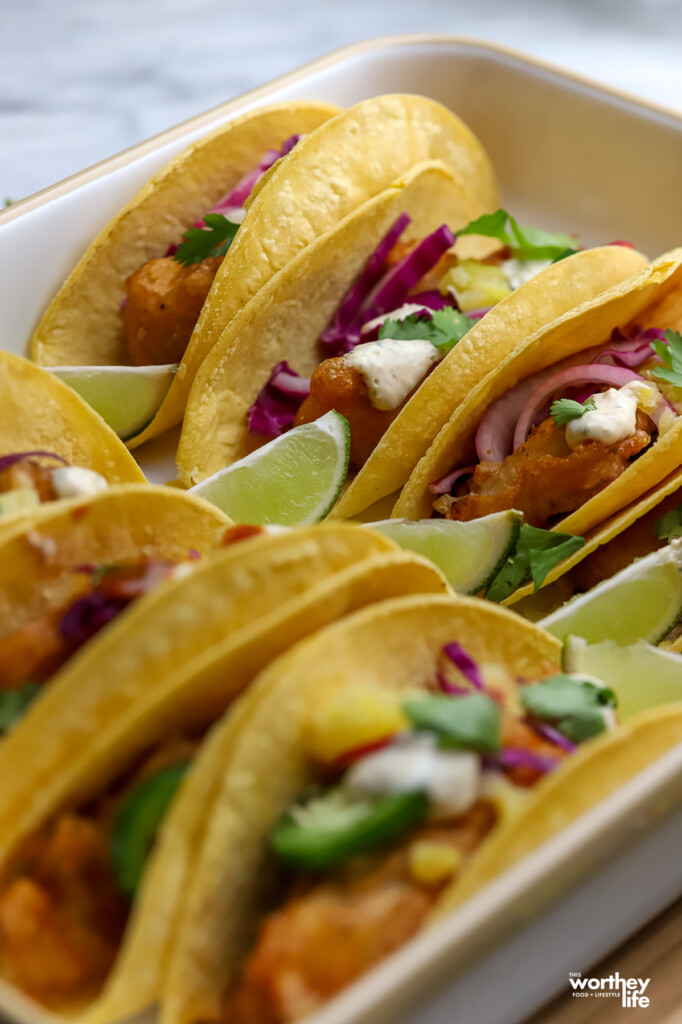 Baja Fish tacos in a serving tray.
