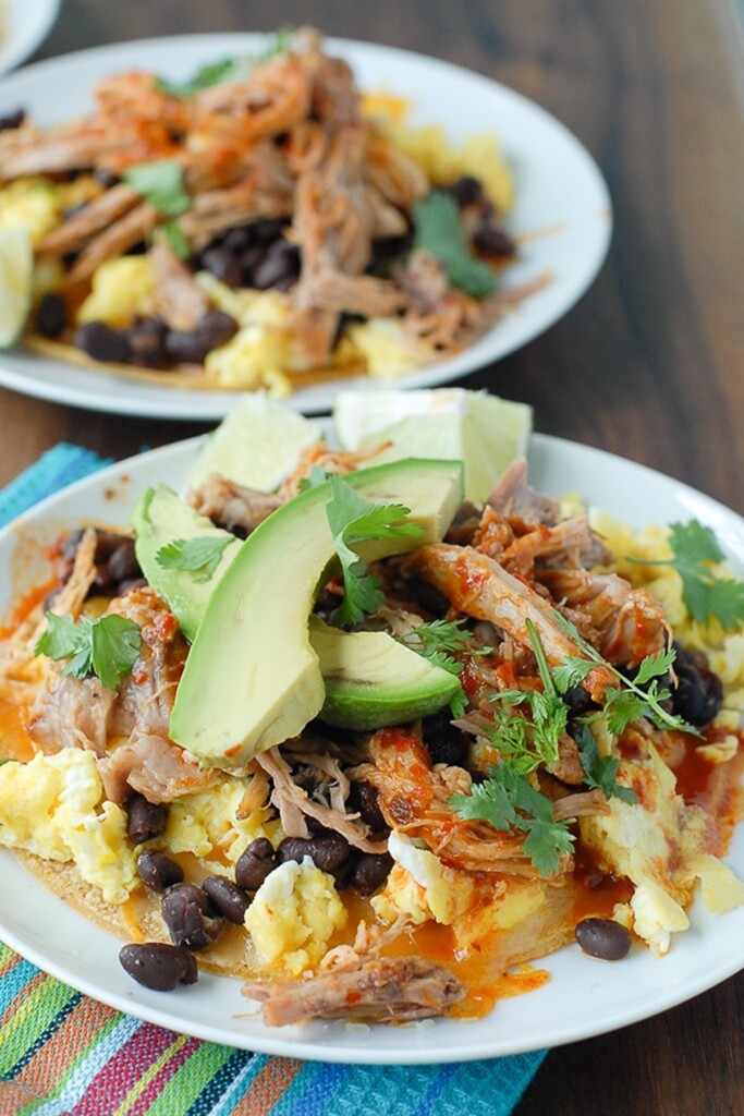 Spicy Shredded Pork Breakfast Tostadas 