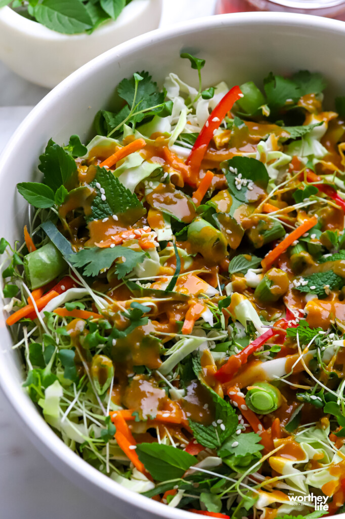 Thai Cabbage Salad in a large white serving bowl.