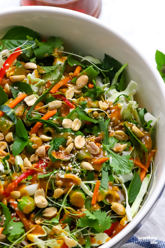 Our delicious Thai Cabbage Salad mixed in a large white porcelain bowl.