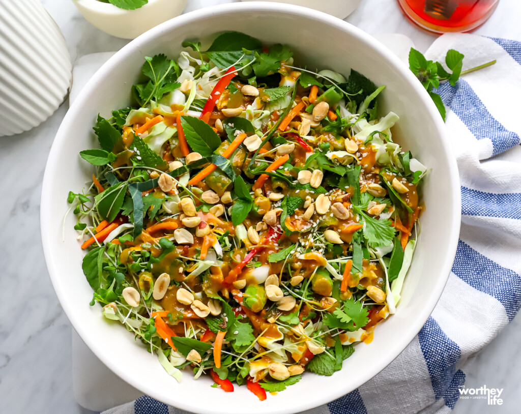 Our Thai Cabbage Salad and with a bowl of mint and honey.