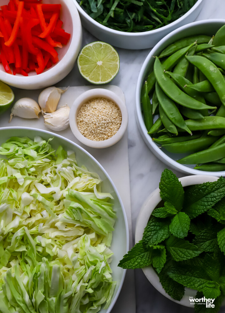 Assorted ingredients for making Thai Cabbage Salad. 