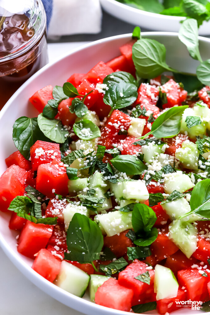 Watermelon salad, with honey, fresh mint, and cotija cheese.