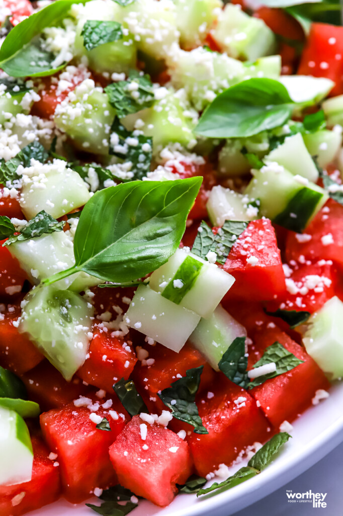 A side view of our Watermelon Cucumber Basil Salad.