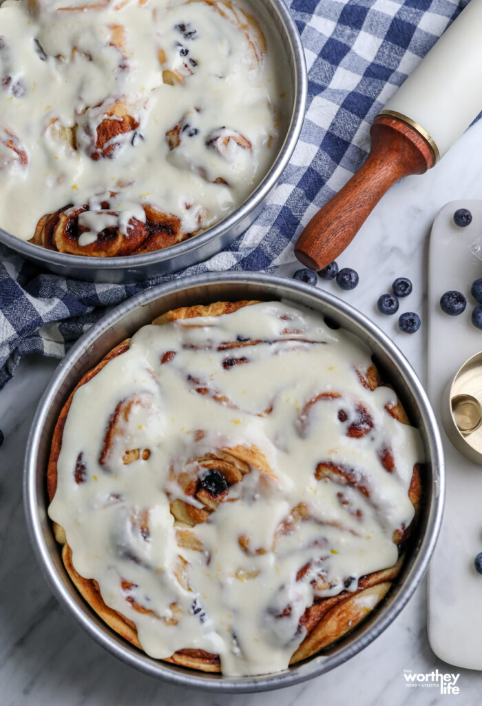 Blueberry Cinnamon Rolls in bake pans