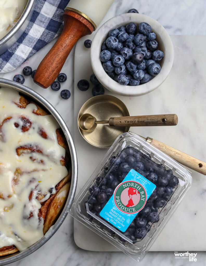 Blueberry Cinnamon Rolls and a pint of North Bay Produce blueberries