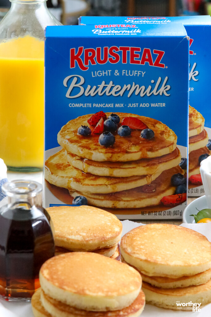 Breakfast sandwiches and a box of Krusteaz pancake mix. 