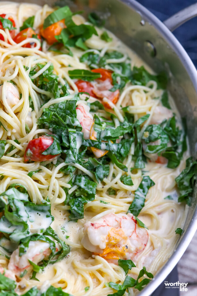 Our Tomato & Shrimp Alfredo in a high-walled skillet. 