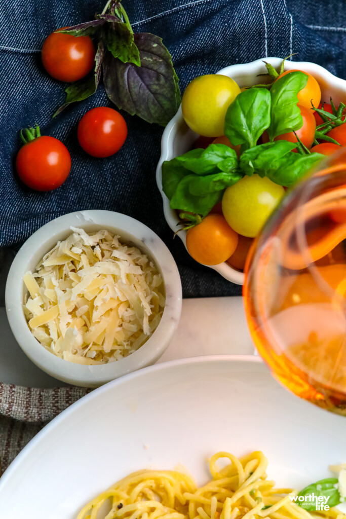 An easy to prepare creamy pasta dish served on a white plate. 