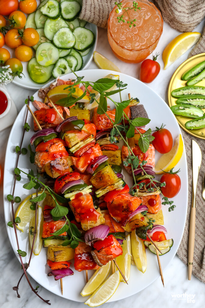 Grilling Salmon Kabobs with fresh veggies