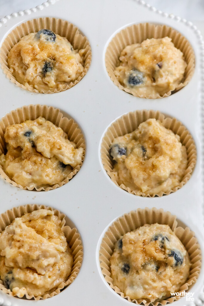 Uncooked blueberry and oatmeal muffines in a muffin pan