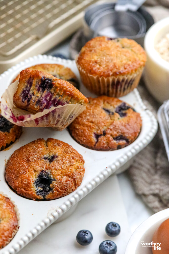 Our blueberry oatmeal muffins in a baking pan. 