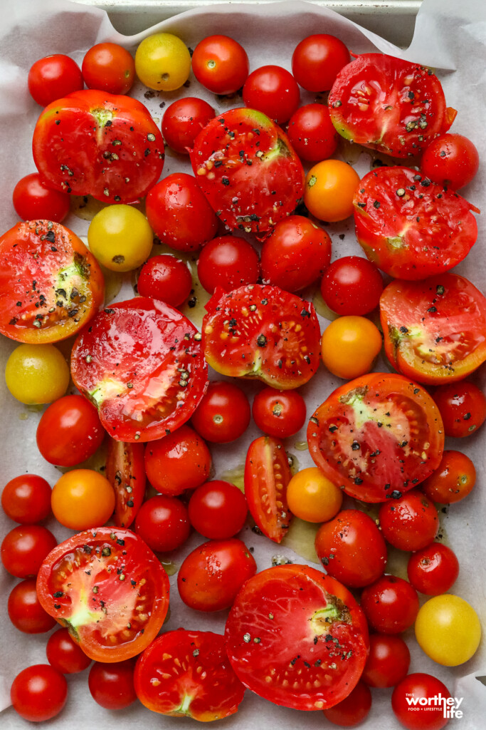Fresh Tomatoes on baking sheet