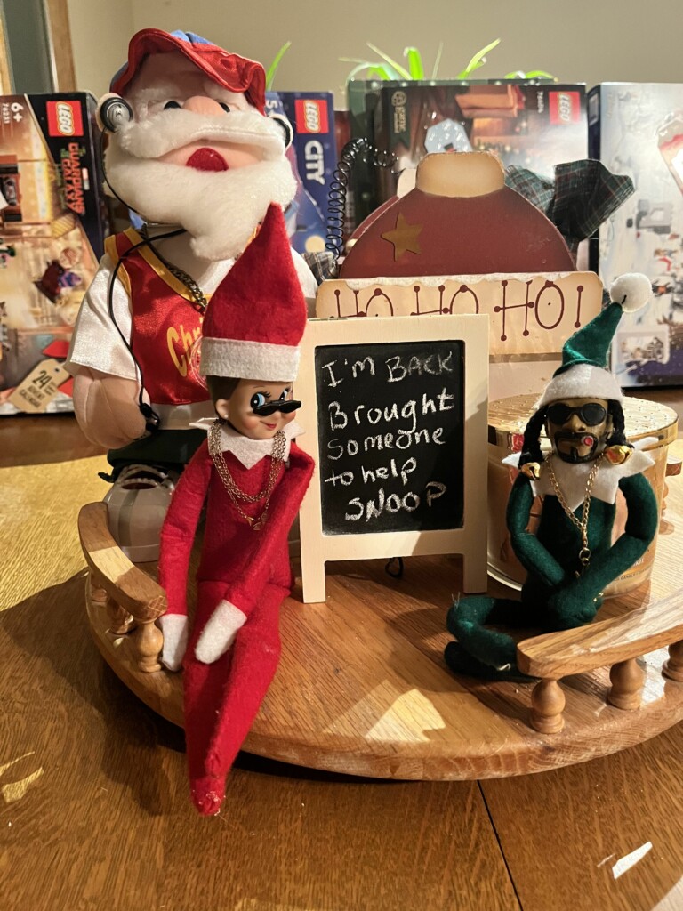 Welcome back Elf on the Shelf, with a new friend- Snoop On A Stoop