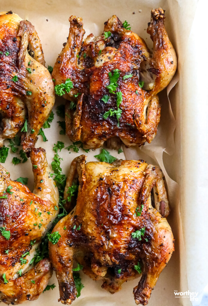 Air Fried Cornish Hens in pan