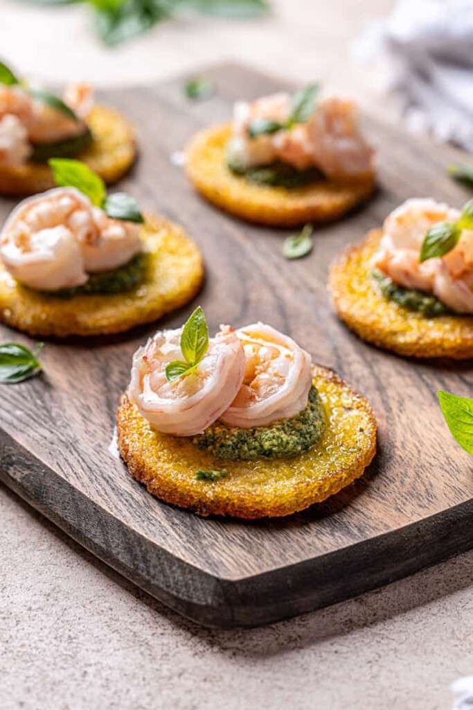 Butter Poached Shrimp And Pesto Polenta Bites