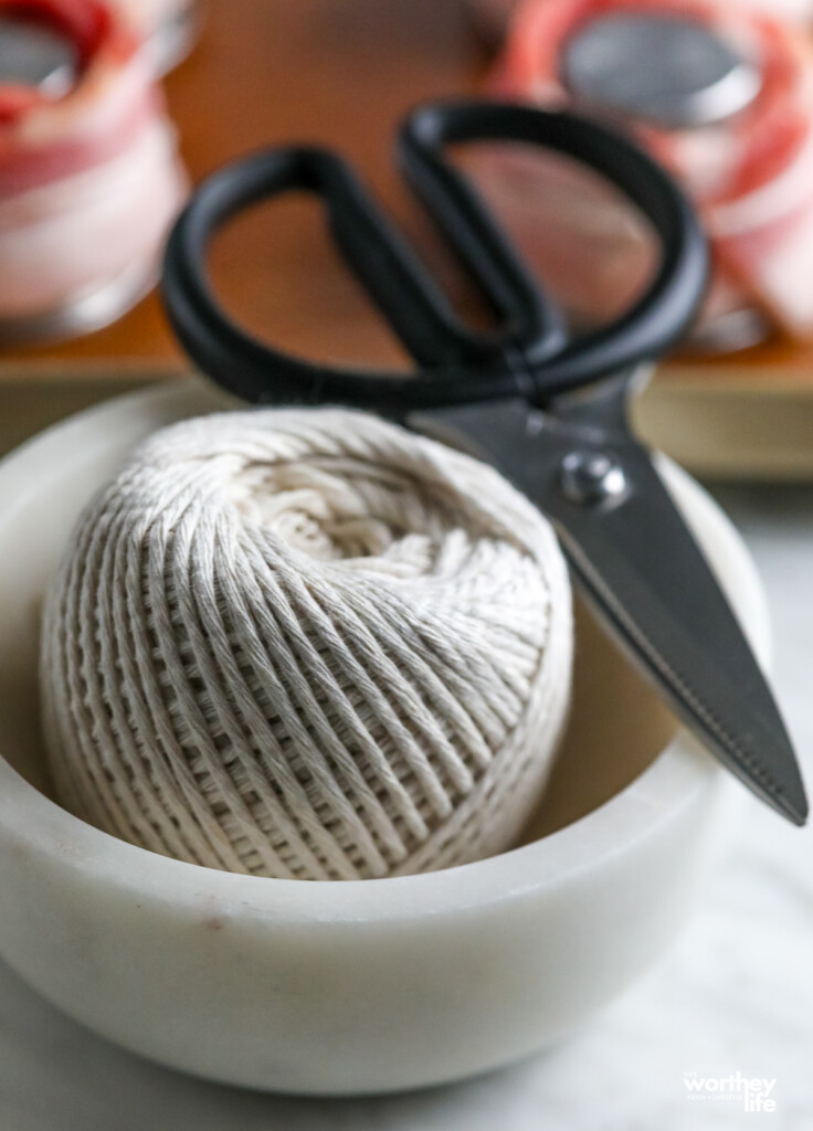 butcher's twine and kitchen sheers with white marble bowl