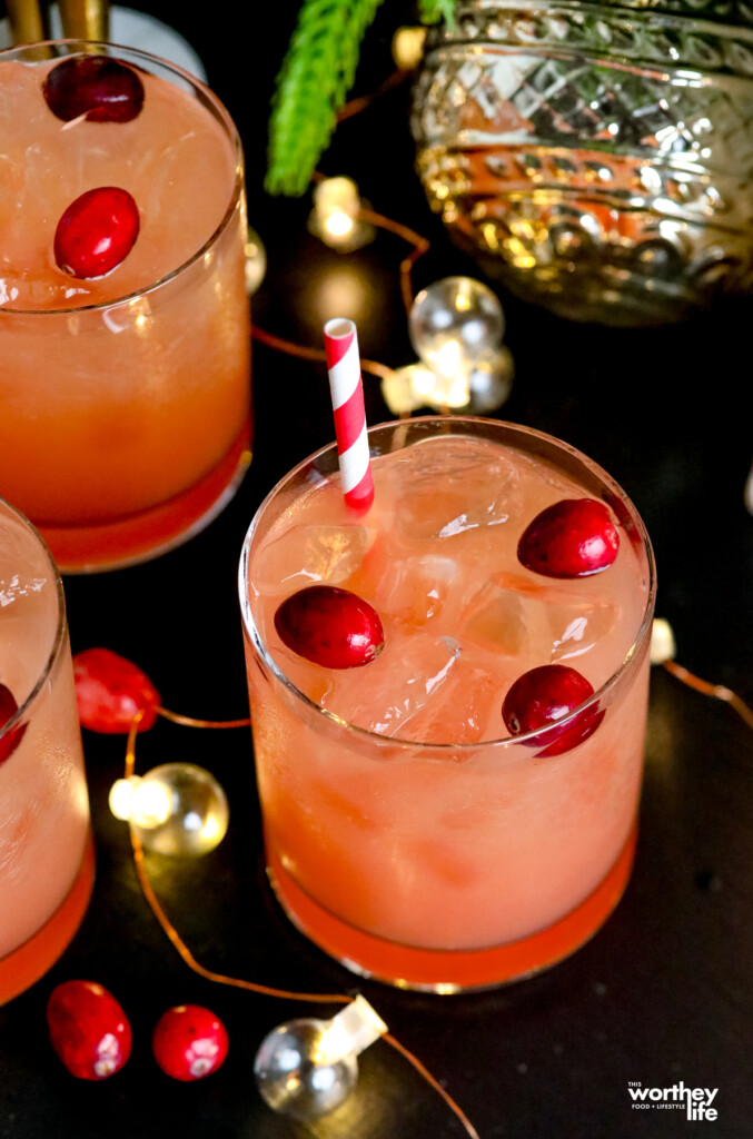 a glass of a cranberry mocktail