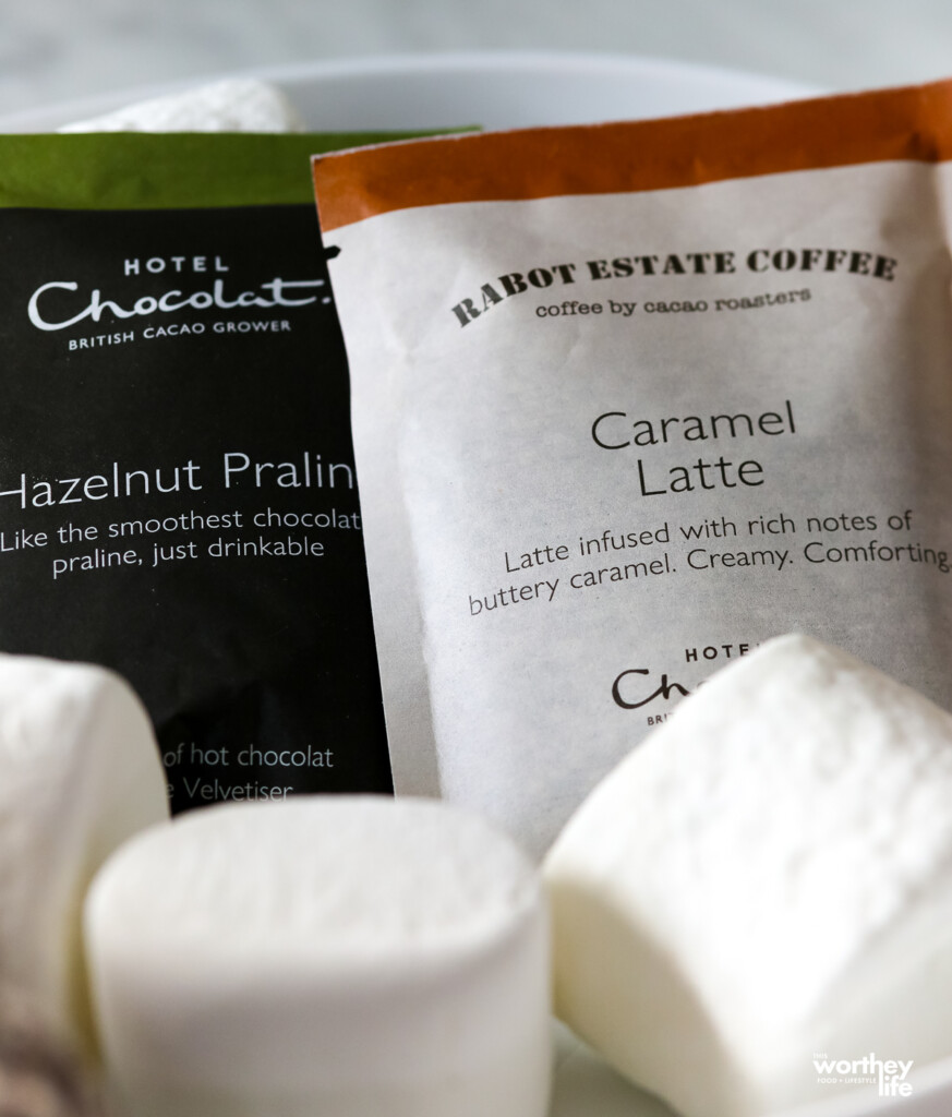 Two varieties of chocolate lattes and marshmallows. 