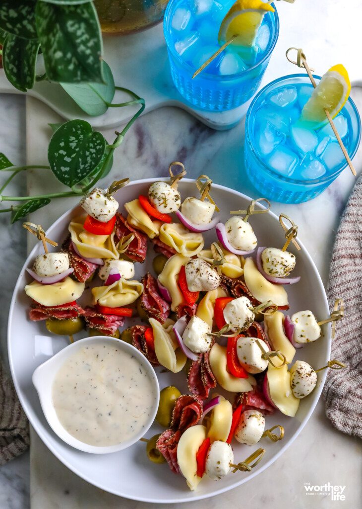 easy game day appetizer using tortellini, salami, mozzarella balls