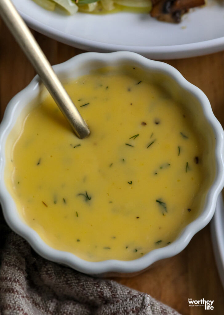 cheese sauce in a white bowl