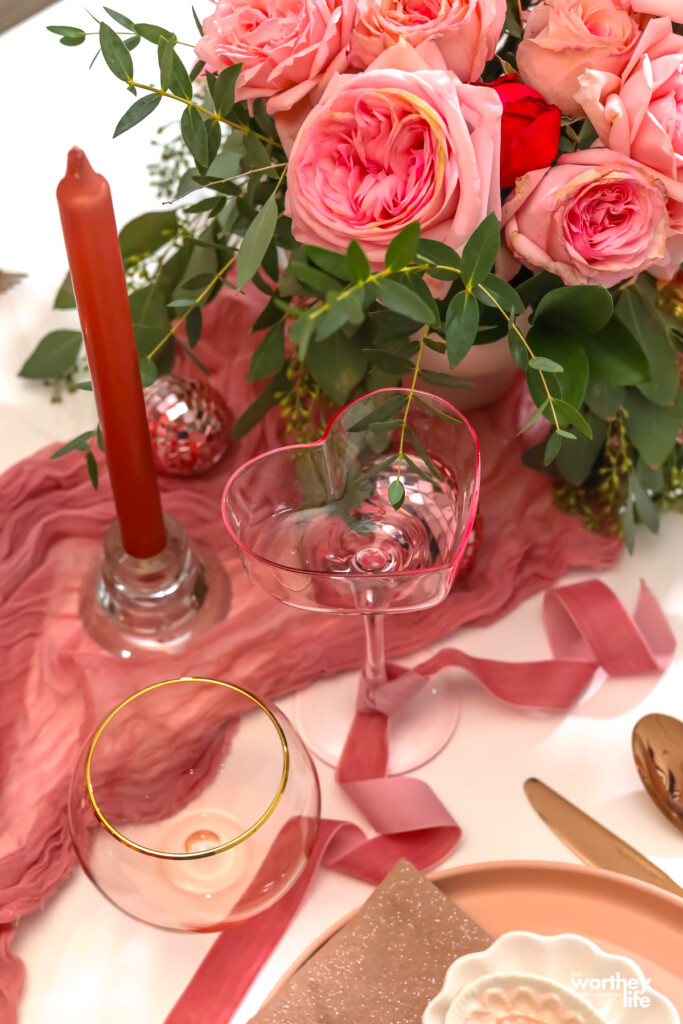heart shaped pink glassware with velvet rose gold ribbon