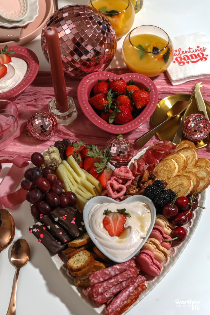 valentine grazing board with strawberry fluff dip